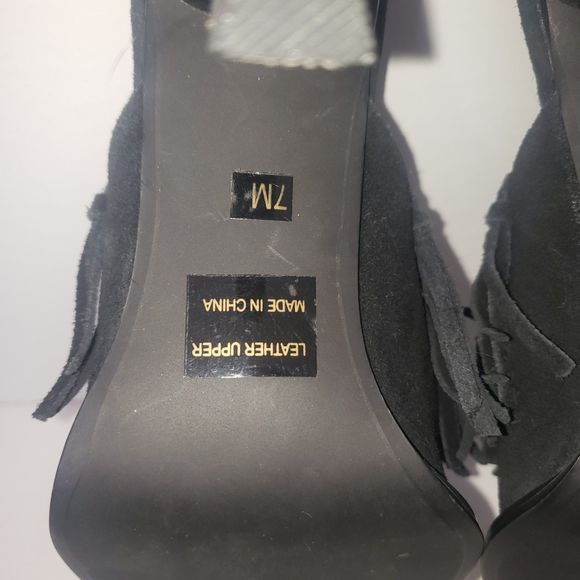 VINTAGE Vis a Vie Black Suede Fringe Mules Heels Bootie Square Toe Shoes Size 7 - Picture 9 of 11